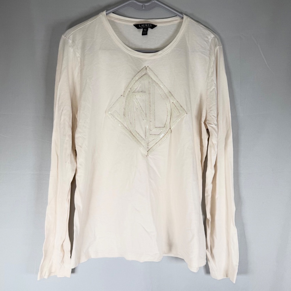 Ralph Lauren Sequin Top Women's Size XXL Beige Long Sleeve Lightweight